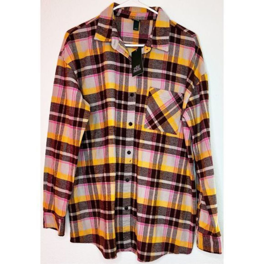 Women's Wild Fable Plaid Flannel Button Down - Pink, Yellow, Maroon (L)